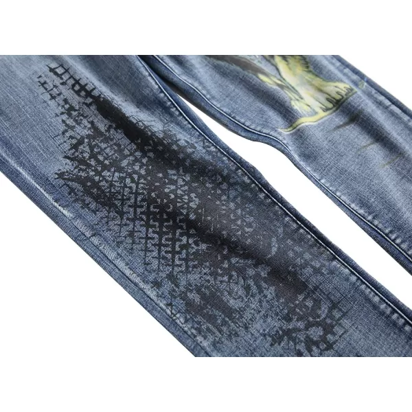 chouyatou Mens Cool Stylish Wolf Pattern Print Regular Fit Distressed Stretch Denim Jeans PantsBlue