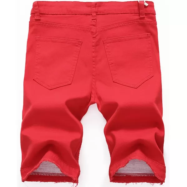 chouyatou Mens Cool Stylish Wrinkle Performance Slim Ripped Denim ShortsRed