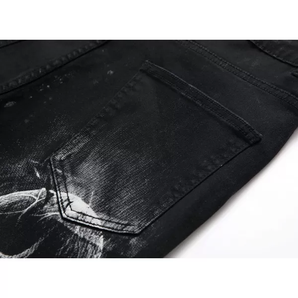 chouyatou Mens Street Wear Distressed Fit Stylish Printed Slim Jeans Denim PantsBlack