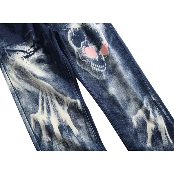 chouyatou Mens Street Wear Distressed Fit Stylish Printed Slim Jeans Denim PantsBlue