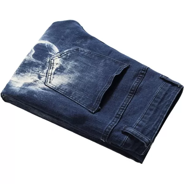 chouyatou Mens Street Wear Distressed Fit Stylish Printed Slim Jeans Denim PantsBlue