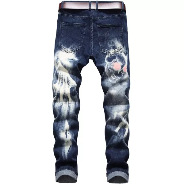 chouyatou Mens Street Wear Distressed Fit Stylish Printed Slim Jeans Denim PantsBlue