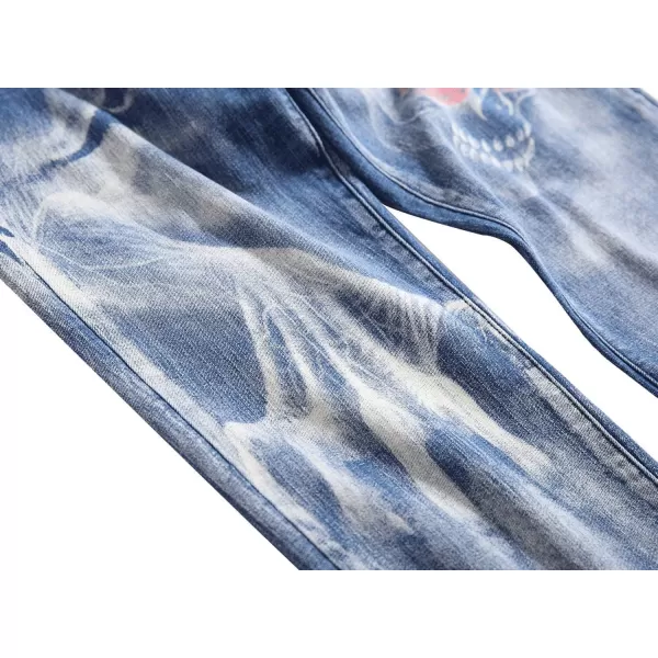 chouyatou Mens Street Wear Distressed Fit Stylish Printed Slim Jeans Denim PantsLight Blue