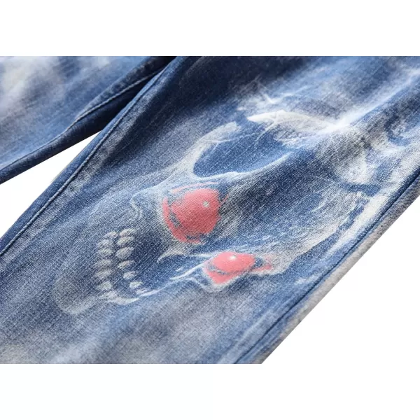 chouyatou Mens Street Wear Distressed Fit Stylish Printed Slim Jeans Denim PantsLight Blue