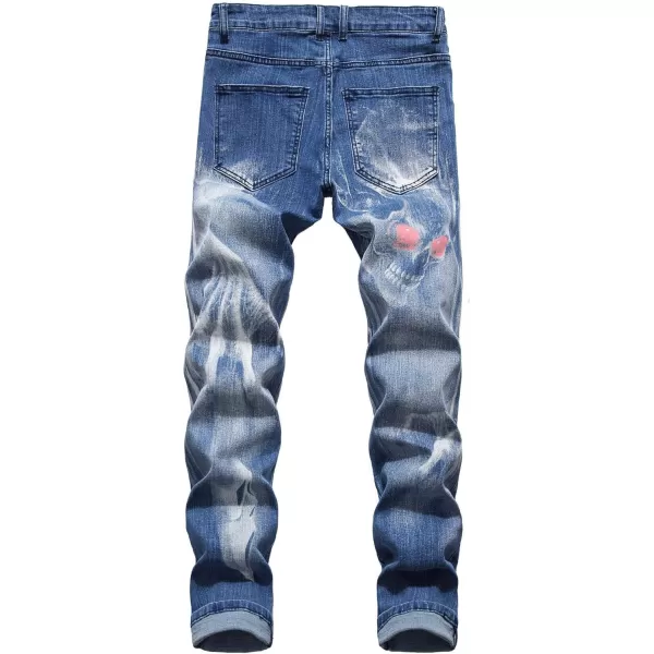 chouyatou Mens Street Wear Distressed Fit Stylish Printed Slim Jeans Denim PantsLight Blue