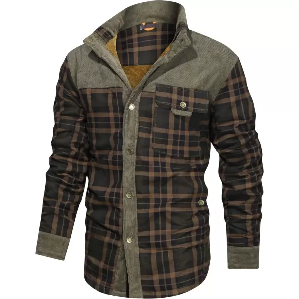 chouyatou Mens Winter Thick Fuzzy Sherpa Lined Corduroy Plaid Button Up Flannel Shirt JacketPlaidgreen