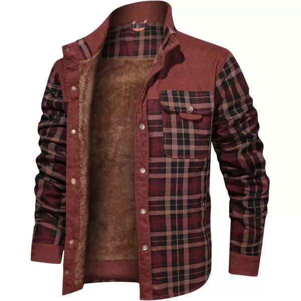 chouyatou Mens Winter Thick Fuzzy Sherpa Lined Corduroy Plaid Button Up Flannel Shirt JacketPlaidwine
