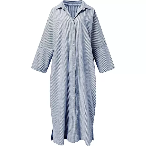 chouyatou Womens Casual Long Sleeve Button Down Loose Striped Cotton Maxi Shirt DressBlue