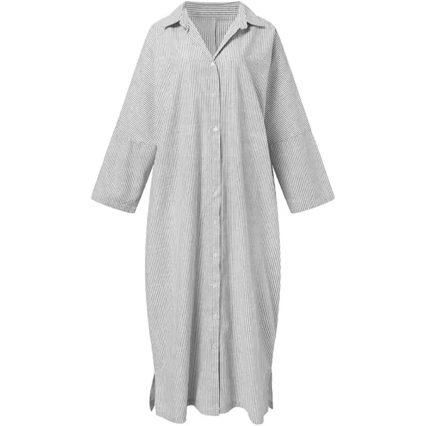 chouyatou Womens Casual Long Sleeve Button Down Loose Striped Cotton Maxi Shirt DressGrey