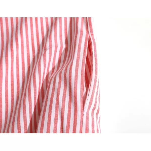 chouyatou Womens Casual Long Sleeve Button Down Loose Striped Cotton Maxi Shirt DressRed