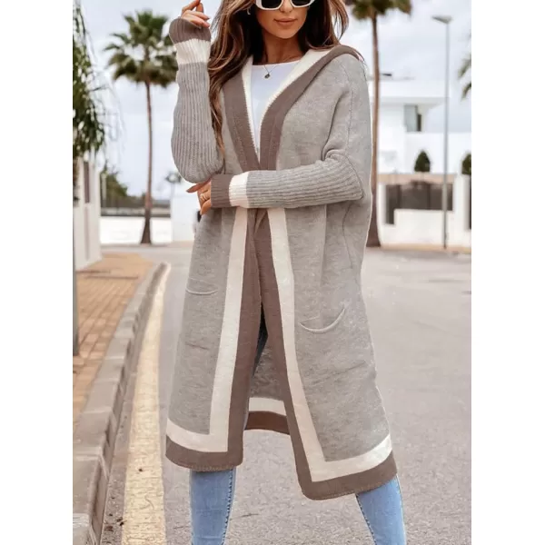 chouyatou Womens Color Block Vertical Striped Open Front Oversized Hooded Long Cardigan Sweaters with PocketsApricot Khaki