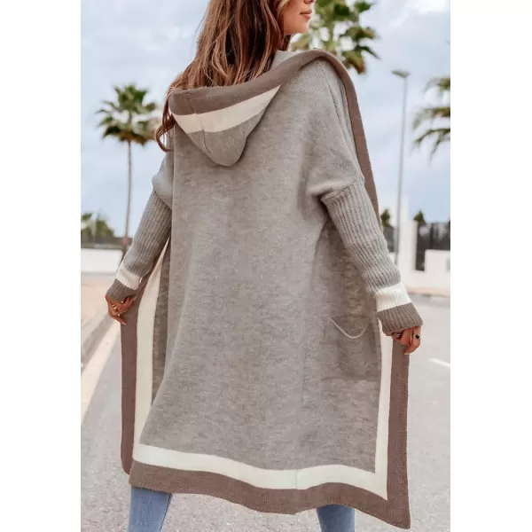 chouyatou Womens Color Block Vertical Striped Open Front Oversized Hooded Long Cardigan Sweaters with PocketsApricot Khaki