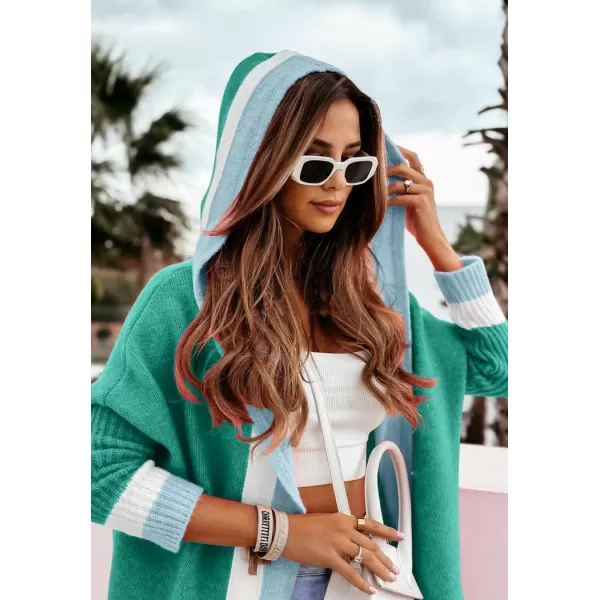 chouyatou Womens Color Block Vertical Striped Open Front Oversized Hooded Long Cardigan Sweaters with PocketsMint Green