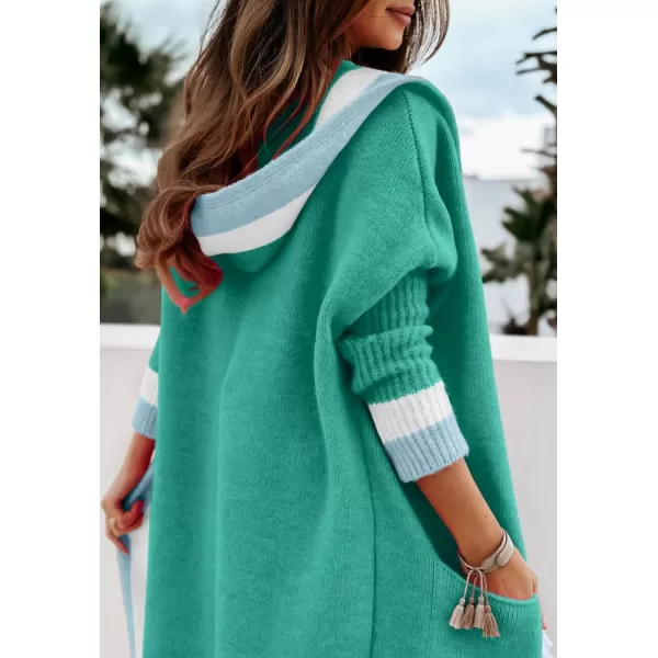 chouyatou Womens Color Block Vertical Striped Open Front Oversized Hooded Long Cardigan Sweaters with PocketsMint Green
