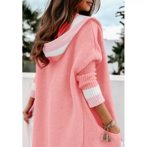 chouyatou Womens Color Block Vertical Striped Open Front Oversized Hooded Long Cardigan Sweaters with PocketsPink