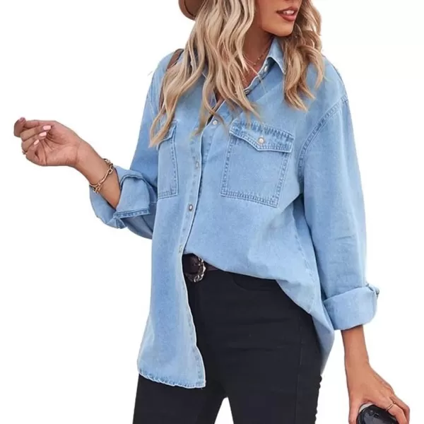 chouyatou Womens Spring Long Sleeve Denim Jean Shirts Button Down Shirt Business Casual TopsBlue