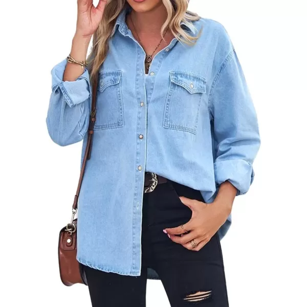chouyatou Womens Spring Long Sleeve Denim Jean Shirts Button Down Shirt Business Casual TopsBlue