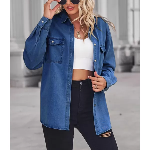 chouyatou Womens Spring Long Sleeve Denim Jean Shirts Button Down Shirt Business Casual TopsDark Blue