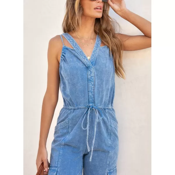 chouyatou Womens Washed Denim Jumpsuits V Neck Sleeveless Drawstring Pant Overall Rompers with PocketsBlue