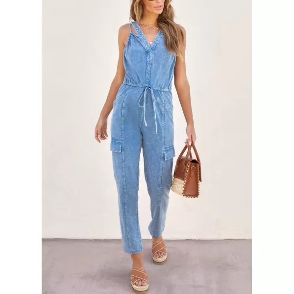 chouyatou Womens Washed Denim Jumpsuits V Neck Sleeveless Drawstring Pant Overall Rompers with PocketsBlue