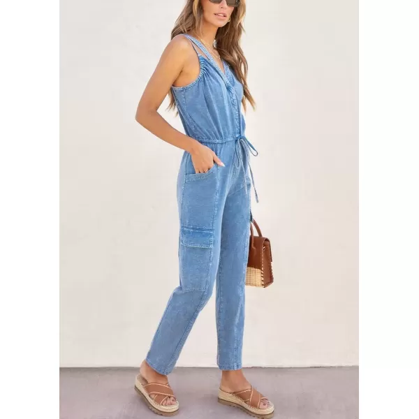 chouyatou Womens Washed Denim Jumpsuits V Neck Sleeveless Drawstring Pant Overall Rompers with PocketsBlue