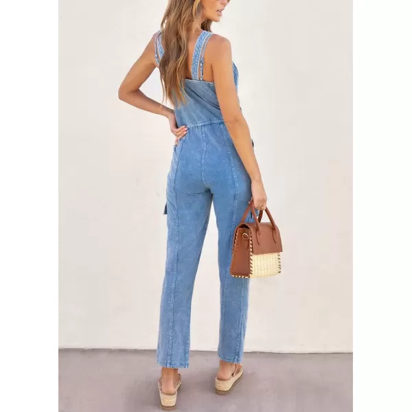 chouyatou Womens Washed Denim Jumpsuits V Neck Sleeveless Drawstring Pant Overall Rompers with PocketsBlue