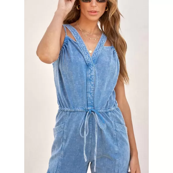 chouyatou Womens Washed Denim Jumpsuits V Neck Sleeveless Drawstring Pant Overall Rompers with PocketsBlue