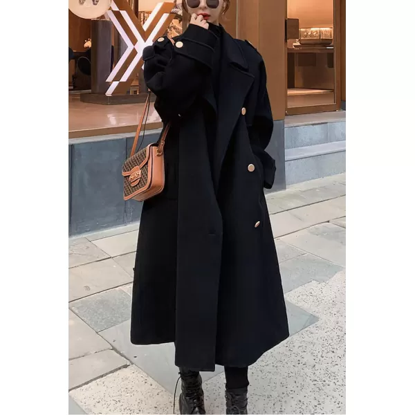chouyatou Womens Winter Double Breasted Midi Long Wool Pea Coat Notch Lapel Winter Trench CoatBlack
