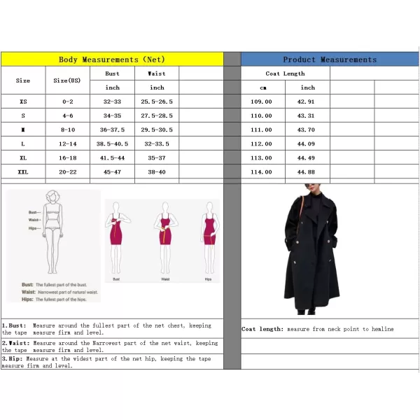 chouyatou Womens Winter Double Breasted Midi Long Wool Pea Coat Notch Lapel Winter Trench CoatBlack