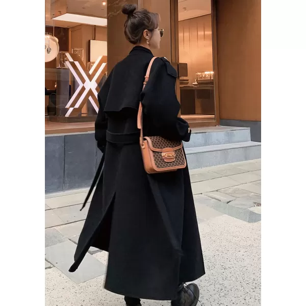 chouyatou Womens Winter Double Breasted Midi Long Wool Pea Coat Notch Lapel Winter Trench CoatBlack