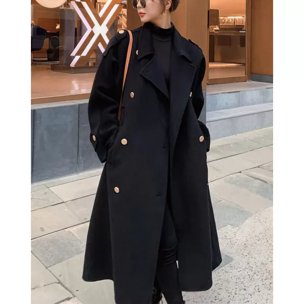 chouyatou Womens Winter Double Breasted Midi Long Wool Pea Coat Notch Lapel Winter Trench CoatBlack