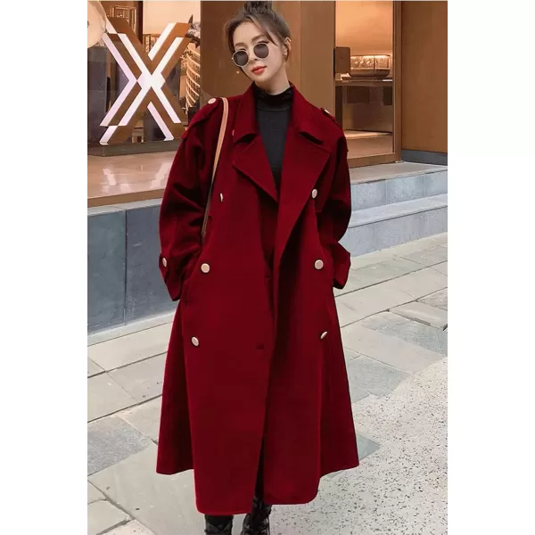 chouyatou Womens Winter Double Breasted Midi Long Wool Pea Coat Notch Lapel Winter Trench CoatRed