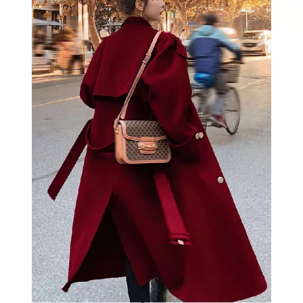 chouyatou Womens Winter Double Breasted Midi Long Wool Pea Coat Notch Lapel Winter Trench CoatRed