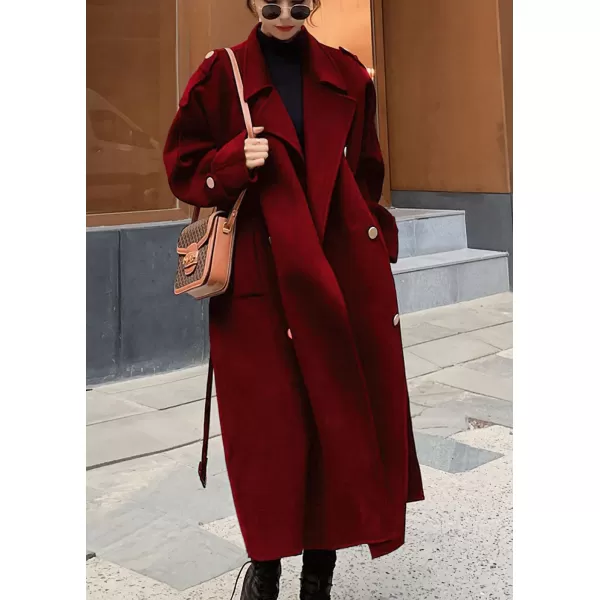chouyatou Womens Winter Double Breasted Midi Long Wool Pea Coat Notch Lapel Winter Trench CoatRed