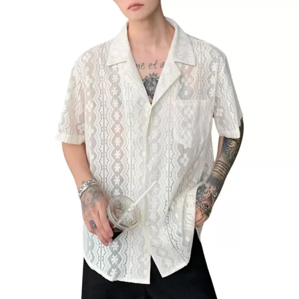 chouyatou Mens Casual Button Down Cuban Collar Crochet Shirt Blouses Short Sleeve Beach Vacation Top ShirtsWhite
