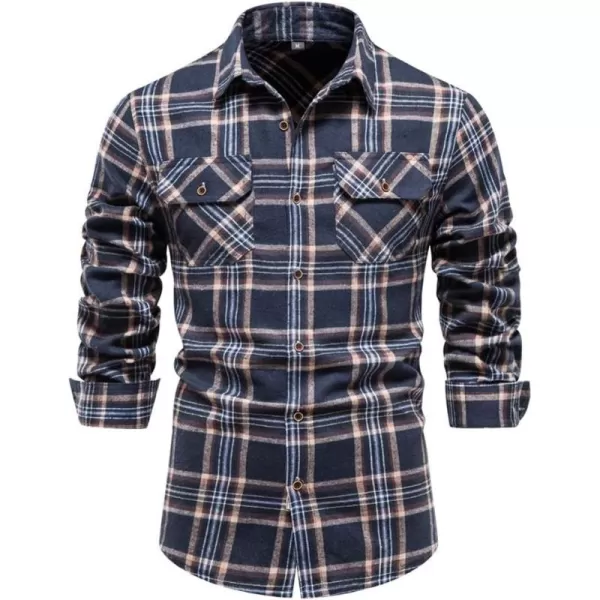 chouyatou Mens Casual Long Sleeve Button Down Plaid Flannel Shirt Shacket TopsNavy