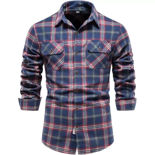 chouyatou Mens Casual Long Sleeve Button Down Plaid Flannel Shirt Shacket TopsRed Navy