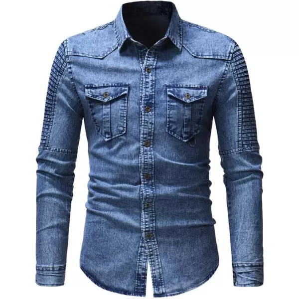 chouyatou Mens Casual Ruffle Performance Button Down Distressed Denim ShirtBlue