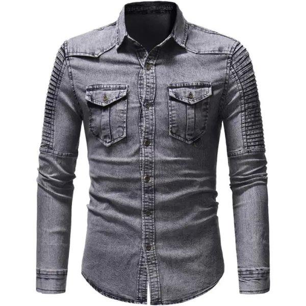 chouyatou Mens Casual Ruffle Performance Button Down Distressed Denim ShirtGrey