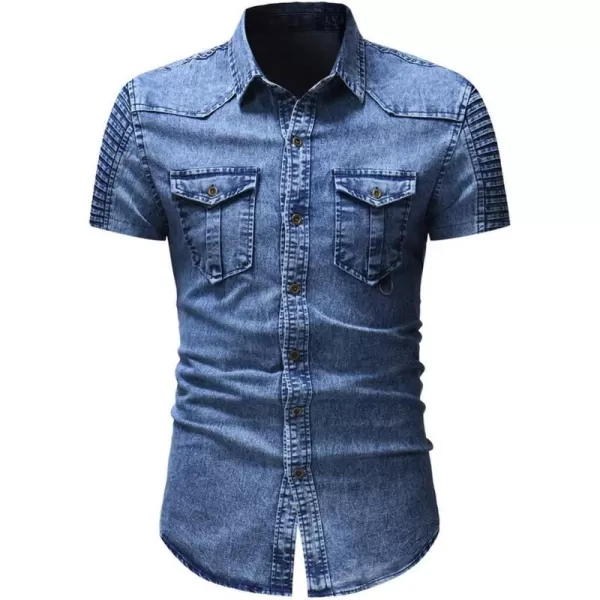 chouyatou Mens Casual Ruffle Performance Button Down Distressed Denim ShirtShort Blue