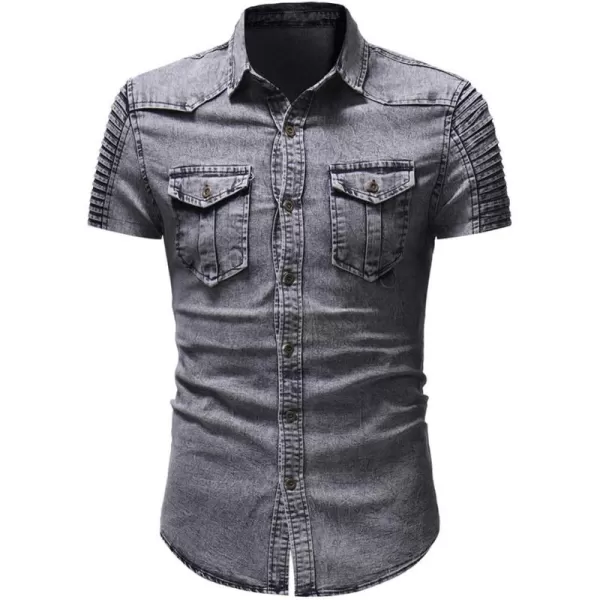chouyatou Mens Casual Ruffle Performance Button Down Distressed Denim ShirtShort Grey
