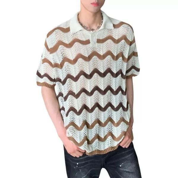 chouyatou Mens Casual Striped Polo Collared TShirt Short Sleeve Crochet Knit Blouse Shirts Hollow Out TopsBeige White