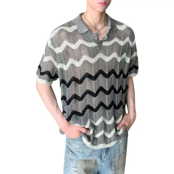 chouyatou Mens Casual Striped Polo Collared TShirt Short Sleeve Crochet Knit Blouse Shirts Hollow Out TopsGray