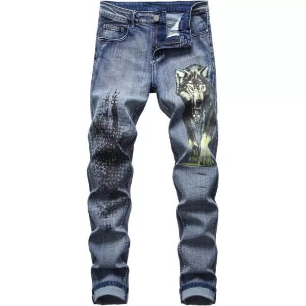 chouyatou Mens Cool Stylish Wolf Pattern Print Regular Fit Distressed Stretch Denim Jeans PantsBlue