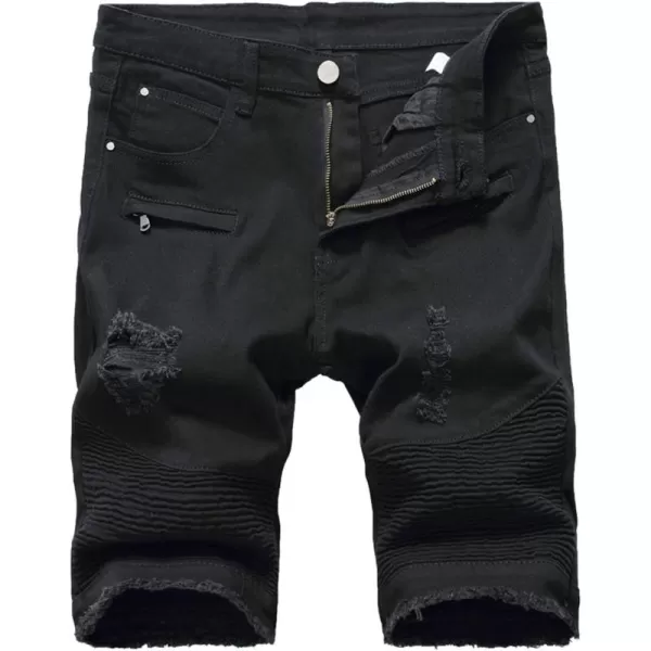 chouyatou Mens Cool Stylish Wrinkle Performance Slim Ripped Denim ShortsBlack
