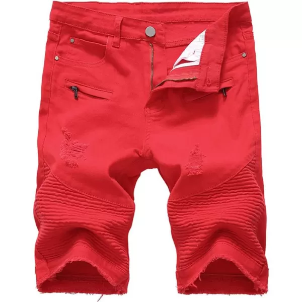 chouyatou Mens Cool Stylish Wrinkle Performance Slim Ripped Denim ShortsRed