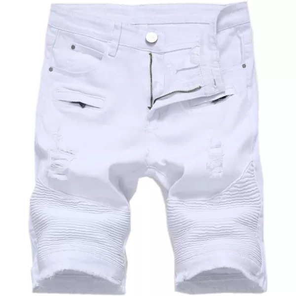 chouyatou Mens Cool Stylish Wrinkle Performance Slim Ripped Denim ShortsWhite