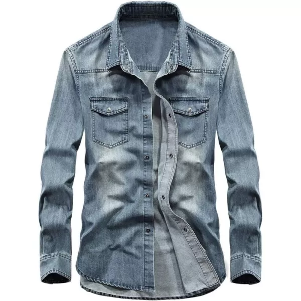chouyatou Mens Essential Button Down Long Sleeve Washed Denim ShirtLight Blue