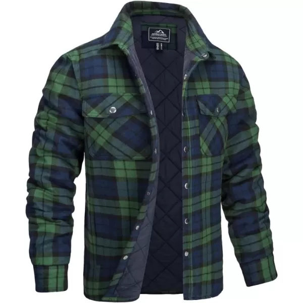 chouyatou Mens Quilted Lined Flannel Shirt Jackets Long Sleeve Plaid Button Down Shacket CoatGreen