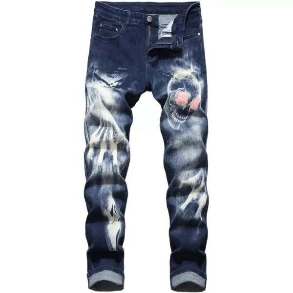 chouyatou Mens Street Wear Distressed Fit Stylish Printed Slim Jeans Denim PantsBlue